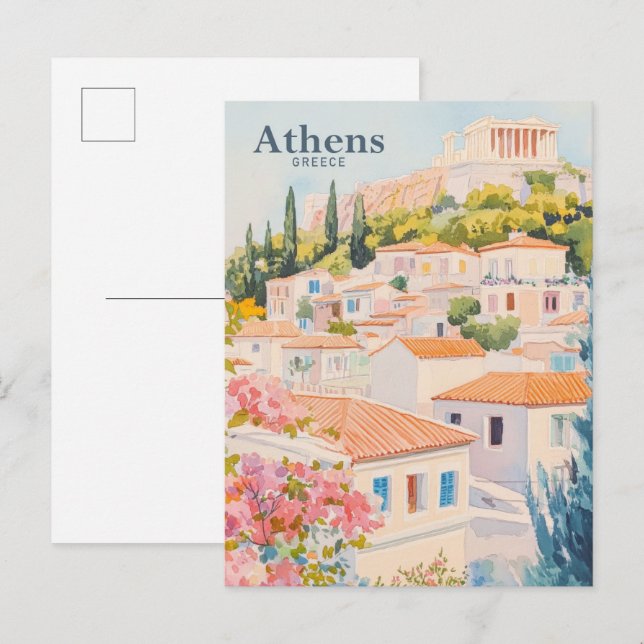 Athen Griechenland Gouache Paint Illustration Trav Postkarte (Vorne/Hinten)