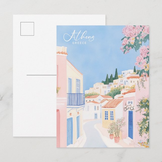 Athen Griechenland Gouache Paint Illustration Trav Postkarte (Vorne/Hinten)