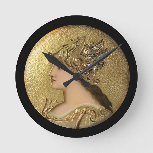 ATHENA PORTRAIT MIT GOLDEN HELMET UND GRIFFINEN RUNDE WANDUHR (Vorderseite)