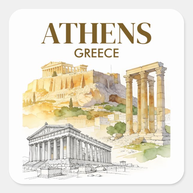 Athens Greece Acropolis Watercolor Sketch Custom Quadratischer Aufkleber (Vorderseite)