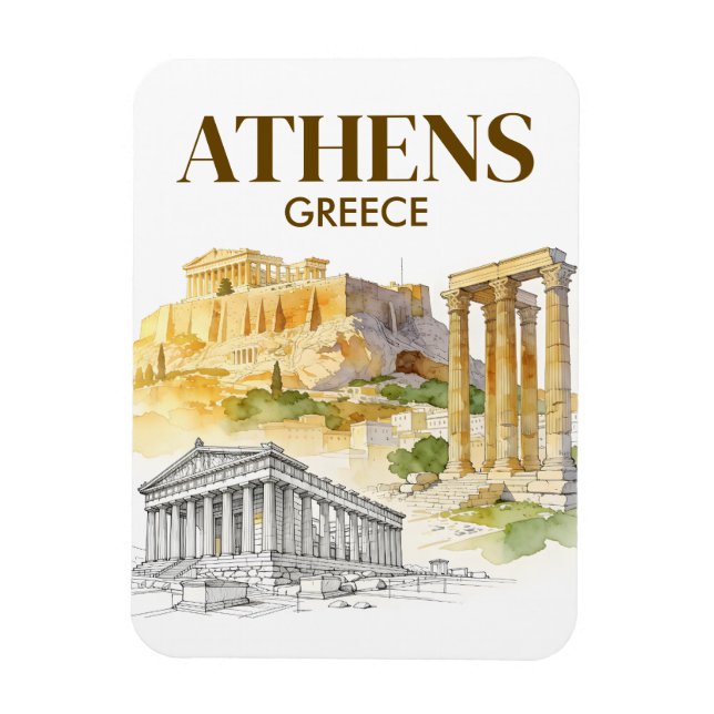 Athens Greece Acropolis Watercolor Sketch Travel Magnet (Vertikal)