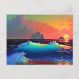 Ätherische Aquamarine Wellen, Schiff und rosa Sonn Postkarte