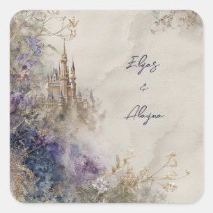 Ätherische Aquarell-Lila Burg Elegante Hochzeit Quadratischer Aufkleber