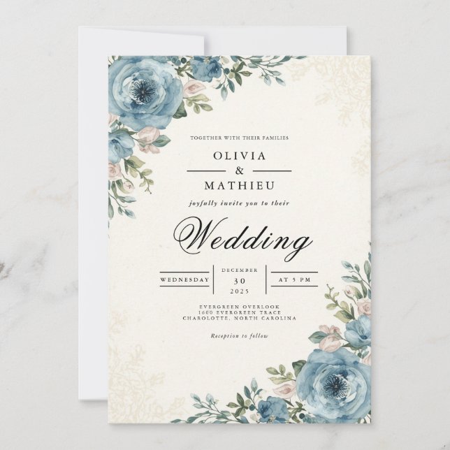 Ätherische blaue botanische romantische Hochzeit Einladung (Vorderseite)