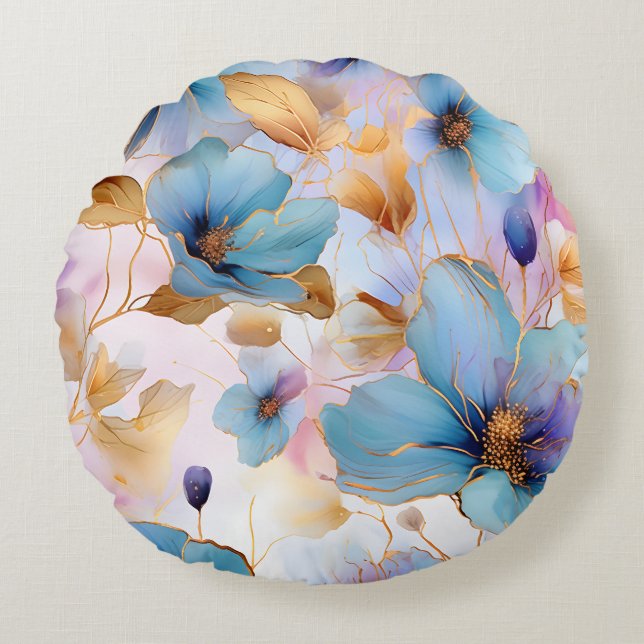 Ätherische Blüten in weichen Pastellen Alkohol Tin Rundes Kissen (Vorderseite)