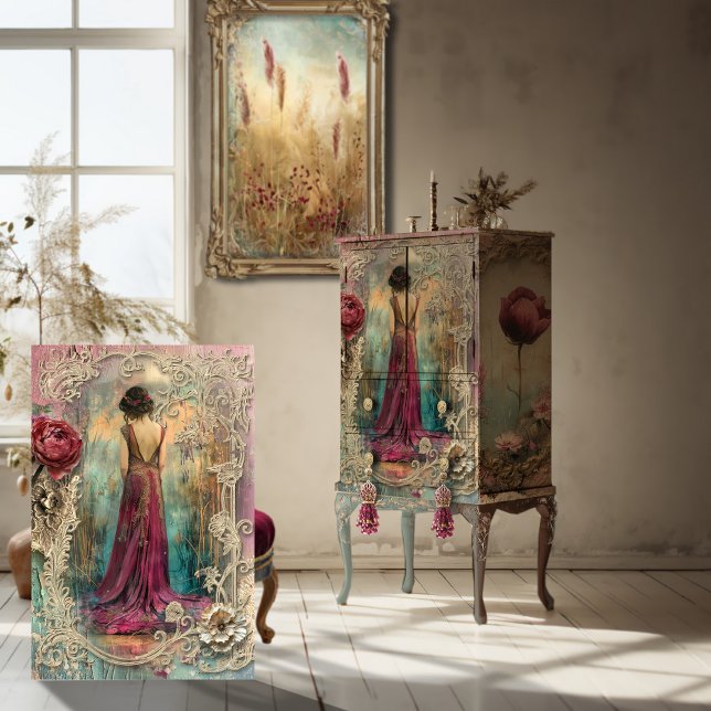 Ätherische Frau, Vintager Jugendstil, gemischte Me Seidenpapier (Vibrant 1920's Vintage Mixed Media, shabby chic Floral Portrait Art Furniture Decoupage Tissue Paper)