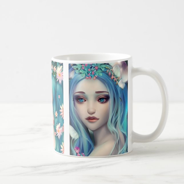 Ätherische Frauen mit Blume in ihrem blauen Haar Kaffeetasse (Rechts)