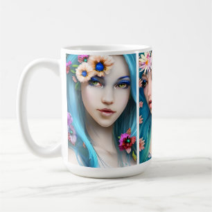 Ätherische Frauen mit Blume in ihrem blauen Haar Kaffeetasse