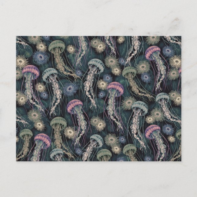 Ätherische Quallen und Anemone in Aquamarin und ro Postkarte (Vorderseite)