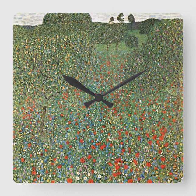 Ätherische Träume: Gustav Klimts Mohnfeld Quadratische Wanduhr (Vorderseite)