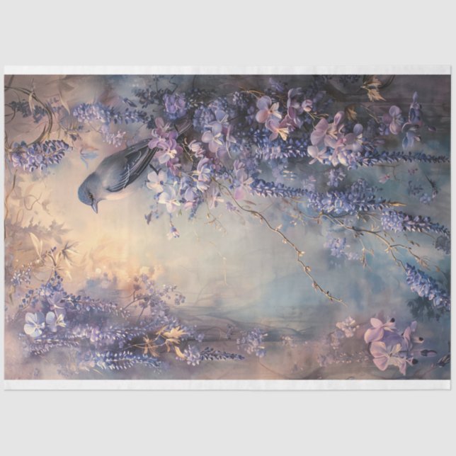 Ätherischer Blauvogel und lila Wisteria Seidenpapier (Vorderseite)