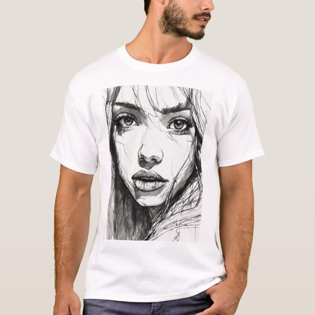 Ätherischer Blick: Scratchy Pen Portrait T-Shirt (Vorderseite)