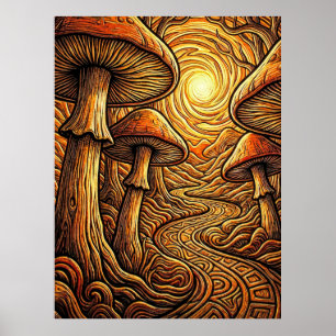 Ätherischer leuchtender goldener Pilz dunkler Wald Poster