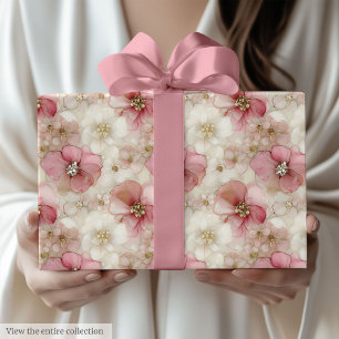 Ätherischer Rosa- und Gold-Blumen-Geburtstagsverpa Geschenkpapier
