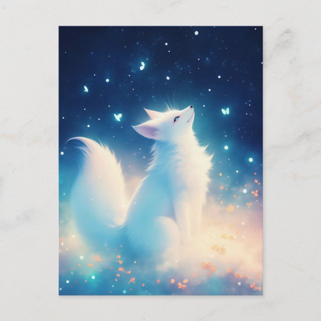 Ätherischer Weißer Fuchs unter Sternenhimmel Postkarte (Vorderseite)