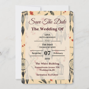 Ätherisches Boho-Feder-Wildblumen-Hochzeitsmotiv Save The Date