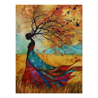 Ätherisches Herbst-Silhouetten-Baum-Gemälde Poster