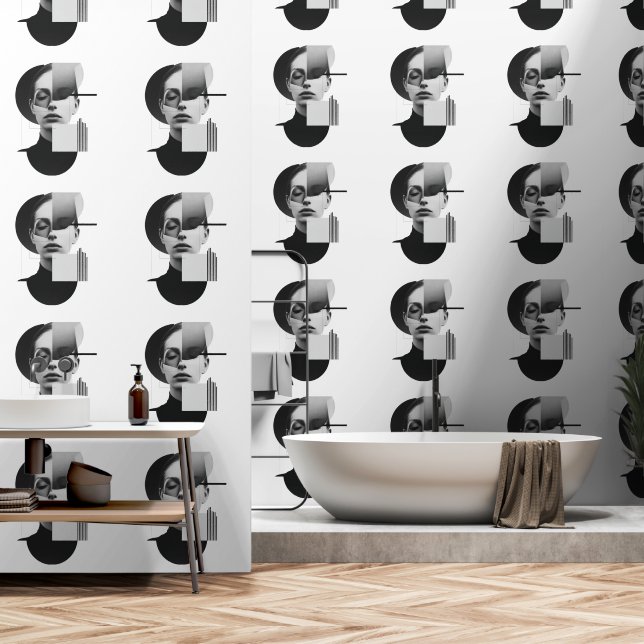 Ätherisches Portrait, zersplittert durch geometris Tapete (Badezimmer)