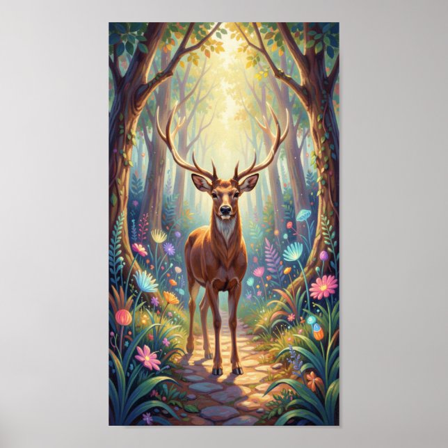 Ätherisches Reh auf leuchtendem Waldweg Poster (Vorne)