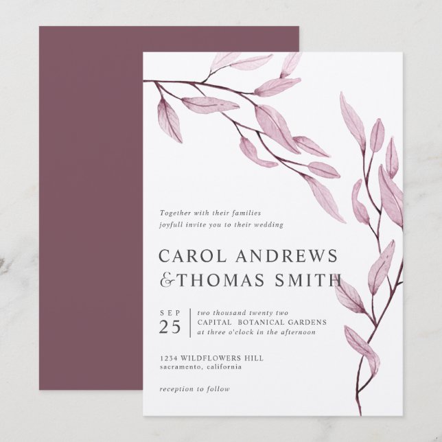 Ätherisches Rosa | Vertikale botanische Blätter Ho Einladung (Vorne/Hinten)