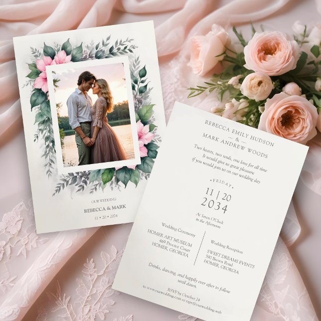 Ätherisches und bezauberndes botanisches Foto Einladung (Ethereal & Enchanting Botanical Soft Floral Photo Frame in Pink Wedding Invitations Cards.)