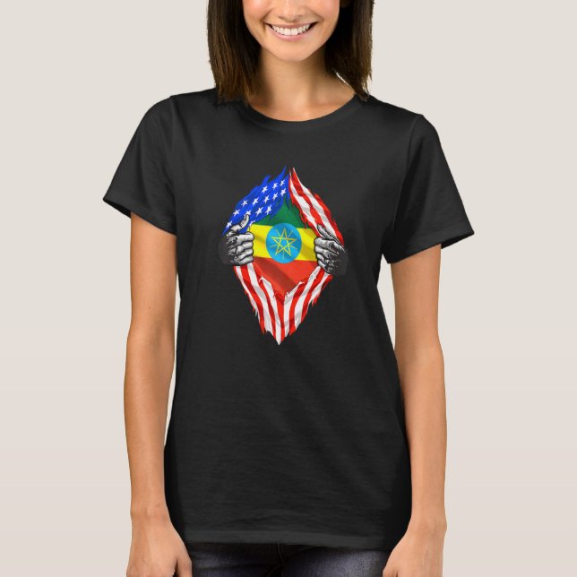 Äthiopien Roots Usa Flagge Patriotisch Äthiopische T-Shirt (Vorderseite)