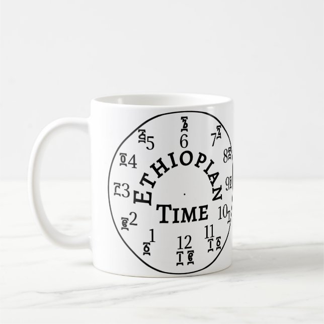 Äthiopische Uhr der Zeiterzählung - Amharic & Engl Kaffeetasse (Links)