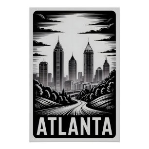 Atlanta Georgia Skyline Schwarz Weiß Holzschnitt Poster