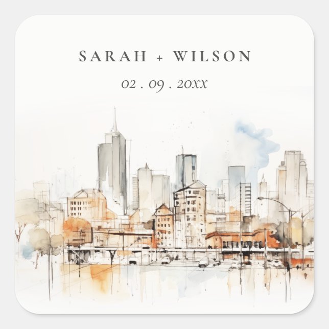 Atlanta Georgia Watercolor Landscape Wedding Quadratischer Aufkleber (Vorderseite)