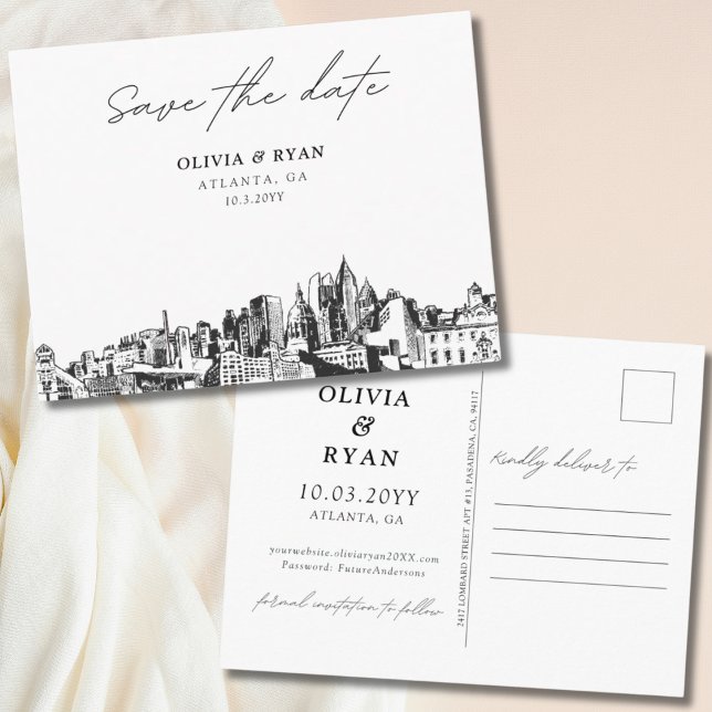 Atlanta Save the Date Postcard Elegante Wedding Postkarte (Atlanta Save the Date Postcard Elegant Wedding)