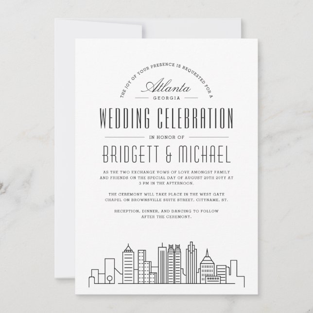 Atlanta Wedding | Moderner Deko Skyline Einladung (Vorderseite)