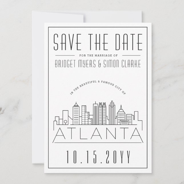 Atlanta Wedding | Stilisierte Skyline Save the Dat Einladung (Vorderseite)