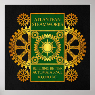Atlantean Steamworks - Gold u. Grün auf Schwarzem Poster
