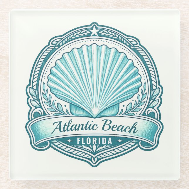 Atlantic Beach FL Küsten-Meeresschalen-Emblem Glasuntersetzer (Vorderseite)