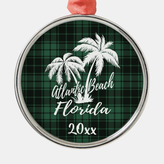 Atlantic Beach Florida Palm Tree Green Kariert Ornament Aus Metall (Vorne)