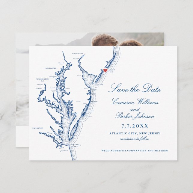 Atlantic City New Jersey Wedding Elegant Navy Map Save The Date (Vorne/Hinten)