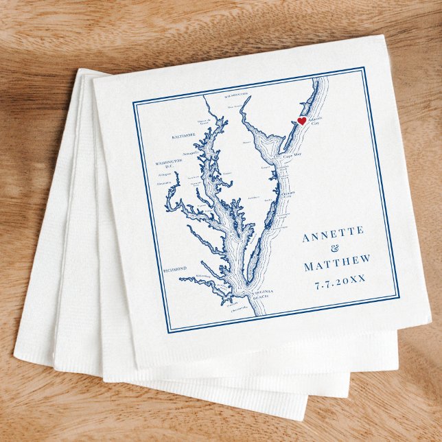 Atlantic City NJ Elegant Navy Blue Map Wedding Serviette (These Atlantic City, NJ wedding napkins are perfect for your Jersey Shore destination wedding)