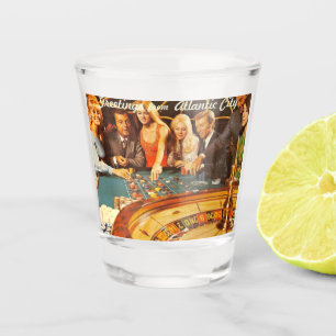 Atlantic City NJ, Gambling, Roulette, Retro Postc Schnapsglas