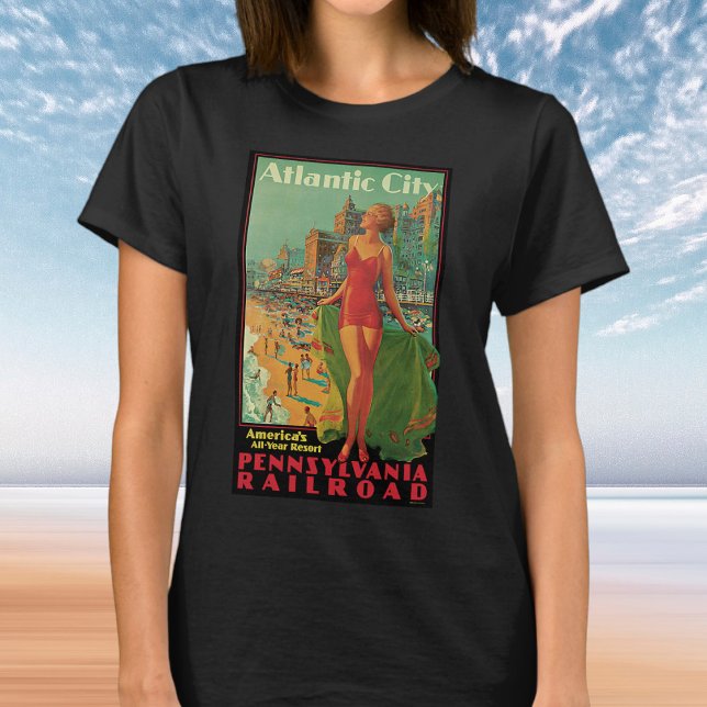 Atlantic City Resort, Pennsylvania Railway Travel T-Shirt (Vintage Pennsylvania Railroad Travel Poster Atlantic City Resort Beach Blonde Pinup Girl T-Shirt)
