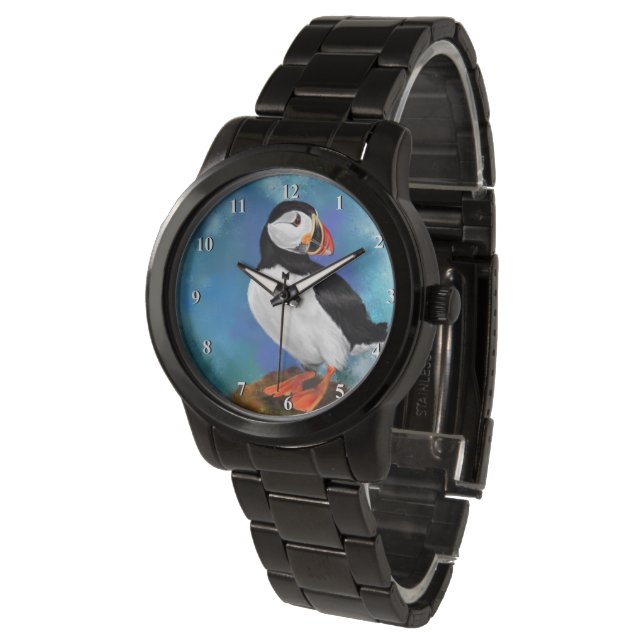 Atlantic Puffin Bird Watch - Malerei Armbanduhr (Schrägansicht)