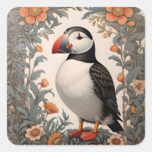 Atlantic Puffin William Morris Inspiriert Quadratischer Aufkleber