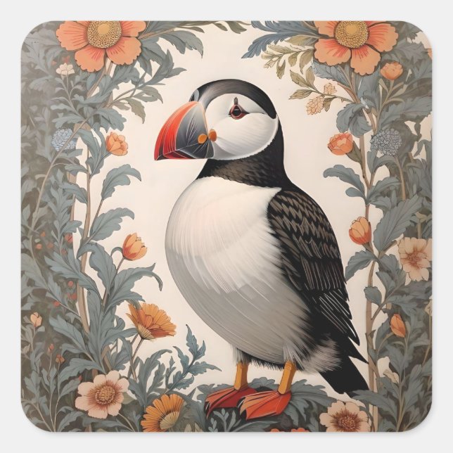 Atlantic Puffin William Morris Inspiriert Quadratischer Aufkleber (Vorderseite)