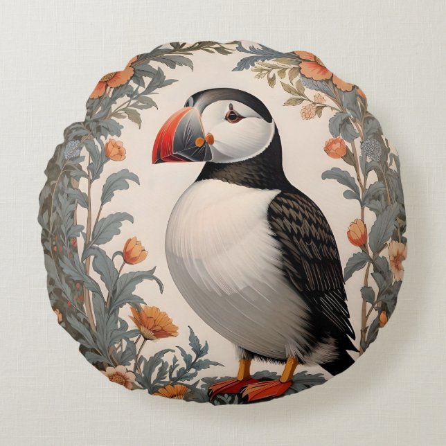 Atlantic Puffin William Morris Inspiriert Rundes Kissen (Vorderseite)