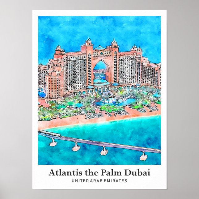 Atlantis Palm Dubai UAE Reisesaal Wasserfarbe Poster (Vorne)