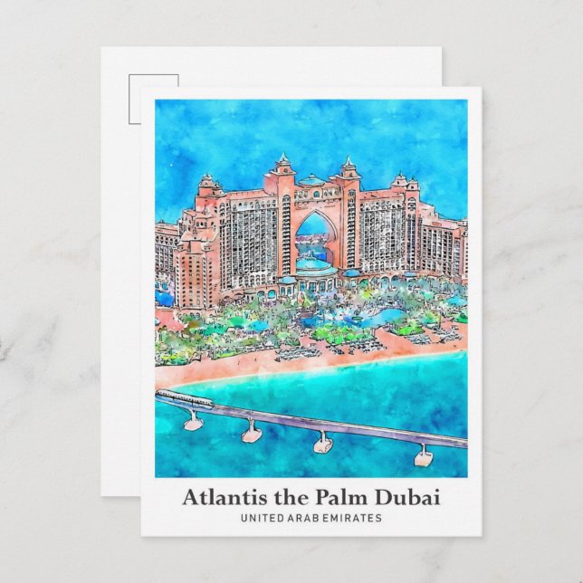 Atlantis Palm Dubai UAE Reisesaal Wasserfarbe Postkarte (Vorne/Hinten)