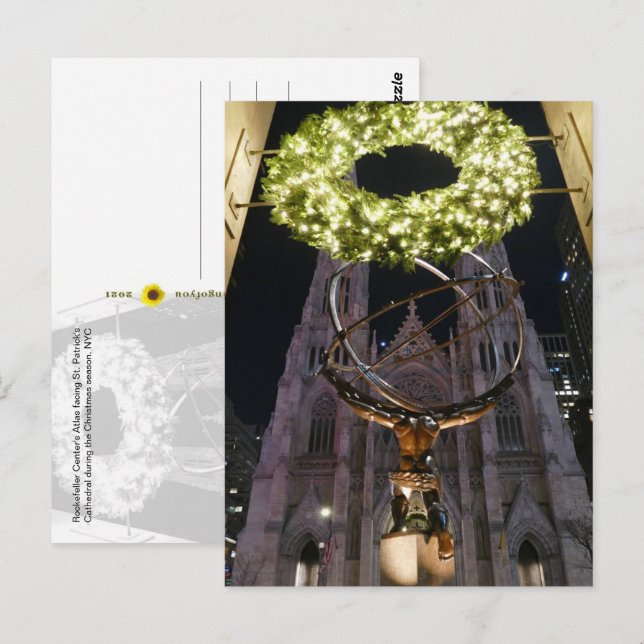 Atlas & St. Patrick's Cathedral, Christmas, NYC - Postkarte (Vorne/Hinten)