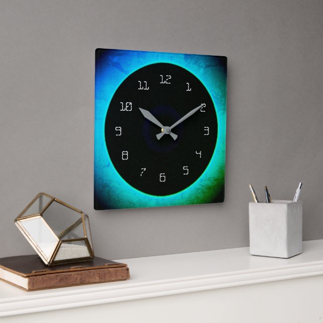 Atmosphärisches Aqua/Grüner Hintergrund mit schwar Quadratische Wanduhr (Büro)