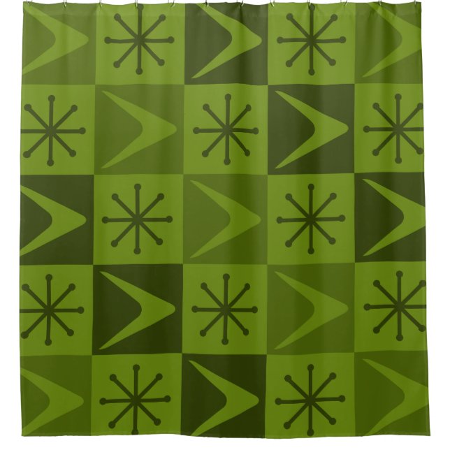 Atom Age Checkered Boomerangs Olive Duschvorhang (Vorderseite)