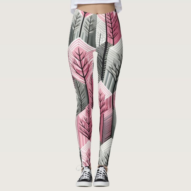Atomares Rosa-Grau-Geometrisches-Baum-Gitter Leggings (Vorderseite)