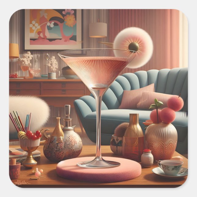 Atomfuturistic Cherry Blossom Martini Quadratischer Aufkleber (Vorderseite)